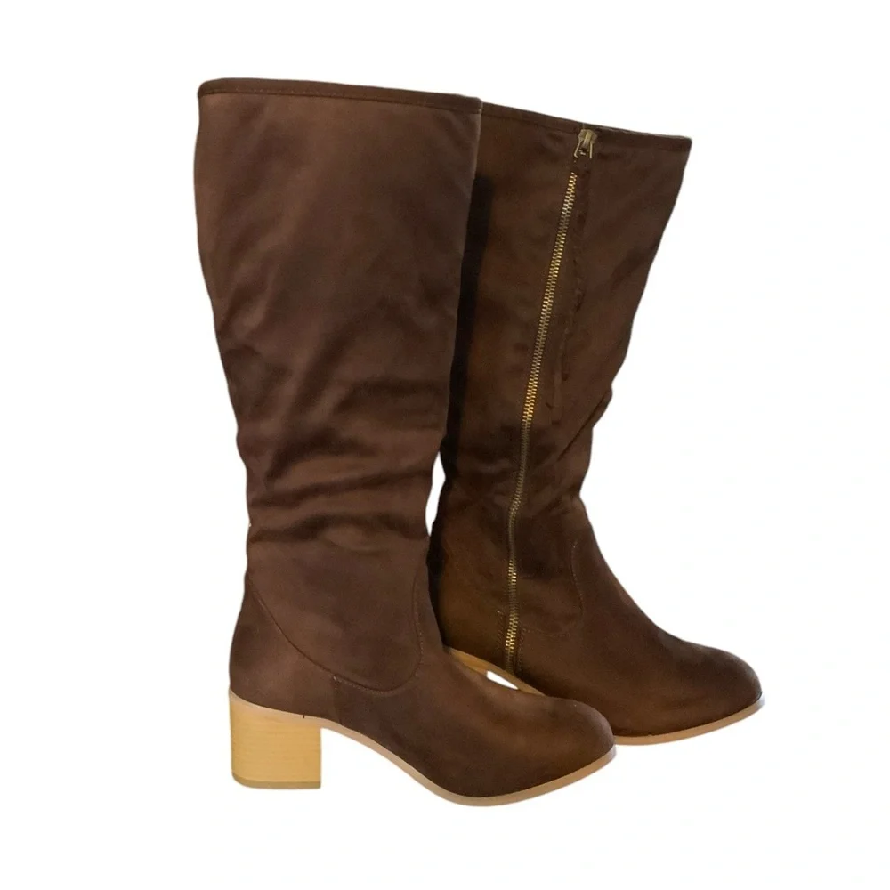 Faux Suede Boots Zip up fur lined  knee high - brown size 5 1/2 - Picture 3 of 6